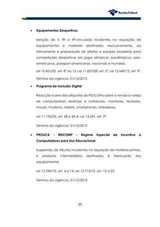 50
• Equipamentos Desportivos
Isenção de II, IPI e IPI-vinculado incidentes na aquisição de
equipamentos e materiais destinados, exclusivamente, ao
treinamento e preparação de atletas e equipes brasileiras para
competições desportivas em jogos olímpicos, paralímpicos, pan-
americanos, parapan-americanos, nacionais e mundiais.
Lei 10.451/02, art. 8º ao 13; Lei 11.827/08, art. 5º; Lei 12.649/12, art. 9º.
Término da vigência: 31/12/2015
• Programa de Inclusão Digital
Redução a zero das alíquotas do PIS/Cofins sobre a venda a varejo
de computadores desktops e notebooks, monitores, teclados,
mouse, modems, tablets, smartphones, roteadores.
Lei 11.196/05, art. 28 e 28-A; Lei 13.241, art. 9º.
Término da vigência: 31/12/2015
• PROUCA - REICOMP - Regime Especial de Incentivo a
Computadores para Uso Educacional
Suspensão de tributos incidentes na aquisição de matérias-primas,
e produtos intermediários destinados à fabricação dos
equipamentos
Lei 12.249/10, art. 6 a 14; Lei 12.715/12, art. 15 a 23.
Término da vigência: 31/12/2015
 