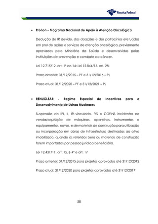58
• Pronon - Programa Nacional de Apoio à Atenção Oncológica
Dedução do IR devido, das doações e dos patrocínios efetuados
em prol de ações e serviços de atenção oncológica, previamente
aprovados pelo Ministério da Saúde e desenvolvidos pelas
instituições de prevenção e combate ao câncer.
Lei 12.715/12, art. 1º ao 14; Lei 12.844/13, art. 28.
Prazo anterior: 31/12/2015 – PF e 31/12/2016 – PJ
Prazo atual: 31/12/2020 – PF e 31/12/2021 – PJ
• RENUCLEAR - Regime Especial de Incentivos para o
Desenvolvimento de Usinas Nucleares
Suspensão do IPI, II, IPI-vinculado, PIS e COFINS incidentes na
venda/aquisição de máquinas, aparelhos, instrumentos e
equipamentos, novos, e de materiais de construção para utilização
ou incorporação em obras de infraestrutura destinadas ao ativo
imobilizado, quando os referidos bens ou materiais de construção
forem importados por pessoa jurídica beneficiária.
Lei 12.431/11, art. 15, § 4º e art. 17
Prazo anterior: 31/12/2015 para projetos aprovados até 31/12/2012
Prazo atual: 31/12/2020 para projetos aprovados até 31/12/2017
 