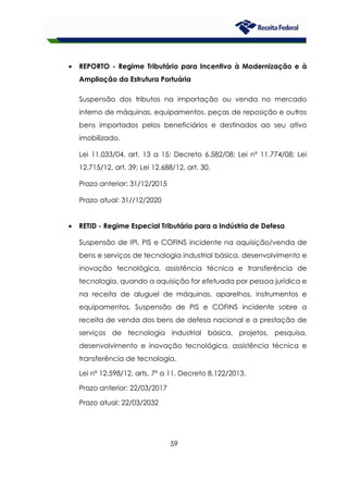 59
• REPORTO - Regime Tributário para Incentivo à Modernização e à
Ampliação da Estrutura Portuária
Suspensão dos tributos na importação ou venda no mercado
interno de máquinas, equipamentos, peças de reposição e outros
bens importados pelos beneficiários e destinados ao seu ativo
imobilizado.
Lei 11.033/04, art. 13 a 15; Decreto 6.582/08; Lei nº 11.774/08; Lei
12.715/12, art. 39; Lei 12.688/12, art. 30.
Prazo anterior: 31/12/2015
Prazo atual: 31//12/2020
• RETID - Regime Especial Tributário para a Indústria de Defesa
Suspensão de IPI, PIS e COFINS incidente na aquisição/venda de
bens e serviços de tecnologia industrial básica, desenvolvimento e
inovação tecnológica, assistência técnica e transferência de
tecnologia, quando a aquisição for efetuada por pessoa jurídica e
na receita de aluguel de máquinas, aparelhos, instrumentos e
equipamentos. Suspensão de PIS e COFINS incidente sobre a
receita de venda dos bens de defesa nacional e a prestação de
serviços de tecnologia industrial básica, projetos, pesquisa,
desenvolvimento e inovação tecnológica, assistência técnica e
transferência de tecnologia.
Lei nº 12.598/12, arts. 7º a 11. Decreto 8.122/2013.
Prazo anterior: 22/03/2017
Prazo atual: 22/03/2032
 