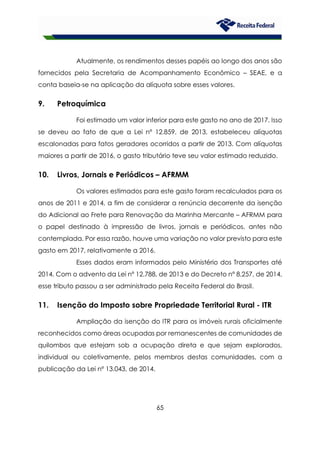 65
Atualmente, os rendimentos desses papéis ao longo dos anos são
fornecidos pela Secretaria de Acompanhamento Econômico – SEAE, e a
conta baseia-se na aplicação da alíquota sobre esses valores.
9. Petroquímica
Foi estimado um valor inferior para este gasto no ano de 2017. Isso
se deveu ao fato de que a Lei nº 12.859, de 2013, estabeleceu alíquotas
escalonadas para fatos geradores ocorridos a partir de 2013. Com alíquotas
maiores a partir de 2016, o gasto tributário teve seu valor estimado reduzido.
10. Livros, Jornais e Periódicos – AFRMM
Os valores estimados para este gasto foram recalculados para os
anos de 2011 e 2014, a fim de considerar a renúncia decorrente da isenção
do Adicional ao Frete para Renovação da Marinha Mercante – AFRMM para
o papel destinado à impressão de livros, jornais e periódicos, antes não
contemplada. Por essa razão, houve uma variação no valor previsto para este
gasto em 2017, relativamente a 2016.
Esses dados eram informados pelo Ministério dos Transportes até
2014. Com o advento da Lei nº 12.788, de 2013 e do Decreto nº 8.257, de 2014,
esse tributo passou a ser administrado pela Receita Federal do Brasil.
11. Isenção do Imposto sobre Propriedade Territorial Rural - ITR
Ampliação da isenção do ITR para os imóveis rurais oficialmente
reconhecidos como áreas ocupadas por remanescentes de comunidades de
quilombos que estejam sob a ocupação direta e que sejam explorados,
individual ou coletivamente, pelos membros destas comunidades, com a
publicação da Lei nº 13.043, de 2014.
 