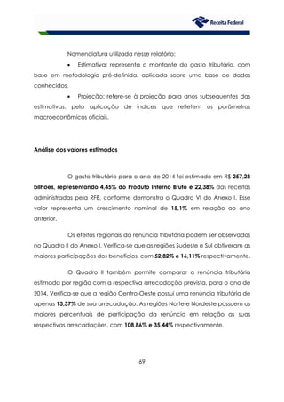 69
Nomenclatura utilizada nesse relatório:
• Estimativa: representa o montante do gasto tributário, com
base em metodologia pré-definida, aplicada sobre uma base de dados
conhecidos.
• Projeção: refere-se à projeção para anos subsequentes das
estimativas, pela aplicação de índices que refletem os parâmetros
macroeconômicos oficiais.
Análise dos valores estimados
O gasto tributário para o ano de 2014 foi estimado em R$ 257,23
bilhões, representando 4,45% do Produto Interno Bruto e 22,38% das receitas
administradas pela RFB, conforme demonstra o Quadro VI do Anexo I. Esse
valor representa um crescimento nominal de 15,1% em relação ao ano
anterior.
Os efeitos regionais da renúncia tributária podem ser observados
no Quadro II do Anexo I. Verifica-se que as regiões Sudeste e Sul obtiveram as
maiores participações dos benefícios, com 52,82% e 16,11% respectivamente.
O Quadro II também permite comparar a renúncia tributária
estimada por região com a respectiva arrecadação prevista, para o ano de
2014. Verifica-se que a região Centro-Oeste possui uma renúncia tributária de
apenas 13,37% de sua arrecadação. As regiões Norte e Nordeste possuem os
maiores percentuais de participação da renúncia em relação as suas
respectivas arrecadações, com 108,86% e 35,44% respectivamente.
 