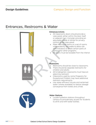 D
R
A
F
T
13Oakland Unified School District Design Guidelines
Design Guidelines
Entrances, Restrooms & Water
Campus Design and Function
Entrances & Exits
•	 All classrooms doors should provide a
view panel, either within the door itself
or adjacent to it. Consider providing an
adjustable shade or blinds for privacy
control of the view panel.
•	 Make individual rooms or a set of rooms
independently securable to allow site
administrators to share certain parts of
campus for other programs
•	 All doors must be lockable from the interior
Restrooms
•	 Restrooms should be close to classrooms
•	 There should be separate restrooms for
children and adults.
•	 All kindergarten classrooms must have an
adjoining restroom
•	 Classrooms used by some Programs for
Exceptional Children may have additional
restroom requirements
•	 Use water-efficient fixtures and reclaimed
water (where available) to reduce sewage
conveyance from toilets and urinals
Water Stations
•	 Locate hydration stations throughout
campus to provide easy access for students
to drink and refill water bottles.
 