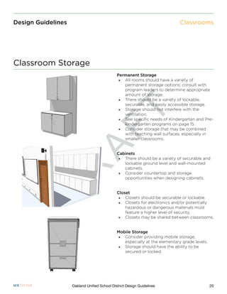 D
R
A
F
T
20Oakland Unified School District Design Guidelines
Design Guidelines
Permanent Storage
•	 All rooms should have a variety of
permanent storage options; consult with
program leaders to determine appropriate
amount of storage.
•	 There should be a variety of lockable,
securable, and easily accessible storage.
•	 Storage should not interfere with the
ventilation.
•	 See specific needs of Kindergarten and Pre-
kindergarten programs on page 15.
•	 Consider storage that may be combined
with teaching wall surfaces, especially in
smaller classrooms.
Cabinets
•	 There should be a variety of securable and
lockable ground level and wall-mounted
cabinets.
•	 Consider countertop and storage
opportunities when designing cabinets.
Closet
•	 Closets should be securable or lockable.
•	 Closets for electronics and/or potentially
hazardous or dangerous materials must
feature a higher level of security.
•	 Closets may be shared between classrooms.
Mobile Storage
•	 Consider providing mobile storage,
especially at the elementary grade levels.
•	 Storage should have the ability to be
secured or locked.
Classroom Storage
Classrooms
 