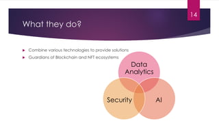 What they do?
 Combine various technologies to provide solutions
 Guardians of Blockchain and NFT ecosystems
Data
Analytics
AI
Security
14
 