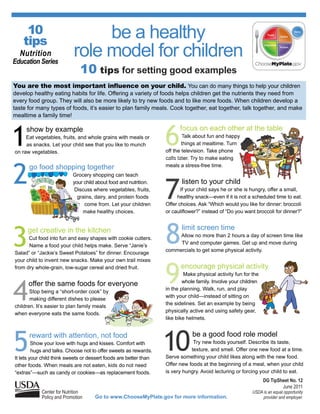 10
    tips
                                be a healthy
  Nutrition
Education Series
                           role model for children
                              10 tips for setting good examples
You are the most important influence on your child. You can do many things to help your children
develop healthy eating habits for life. Offering a variety of foods helps children get the nutrients they need from
every food group. They will also be more likely to try new foods and to like more foods. When children develop a
taste for many types of foods, it’s easier to plan family meals. Cook together, eat together, talk together, and make
mealtime a family time!



1                                                                  6
     show by example                                                     focus on each other at the table
     Eat vegetables, fruits, and whole grains with meals or                Talk about fun and happy
     as snacks. Let your child see that you like to munch                  things at mealtime. Turn
on raw vegetables.                                                 off the television. Take phone
                                                                   calls later. Try to make eating



2
      go food shopping together                                    meals a stress-free time.
                           Grocery shopping can teach



                                                                   7
                           your child about food and nutrition.           listen to your child
                            Discuss where vegetables, fruits,             If your child says he or she is hungry, offer a small,
                             grains, dairy, and protein foods           healthy snack—even if it is not a scheduled time to eat.
                                come from. Let your children       Offer choices. Ask “Which would you like for dinner: broccoli
                               make healthy choices.               or cauliflower?” instead of “Do you want broccoli for dinner?”




3     get creative in the kitchen
      Cut food into fun and easy shapes with cookie cutters.
      Name a food your child helps make. Serve “Janie’s
Salad” or “Jackie’s Sweet Potatoes” for dinner. Encourage
                                                                   8      limit screen time
                                                                        Allow no more than 2 hours a day of screen time like
                                                                        TV and computer games. Get up and move during
                                                                   commercials to get some physical activity.




                                                                   9
your child to invent new snacks. Make your own trail mixes
from dry whole-grain, low-sugar cereal and dried fruit.                   encourage physical activity
                                                                            Make physical activity fun for the



4
                                                                           whole family. Involve your children
      offer the same foods for everyone
                                                                   in the planning. Walk, run, and play
       Stop being a “short-order cook” by
                                                                   with your child—instead of sitting on
       making different dishes to please
                                                                   the sidelines. Set an example by being
children. It’s easier to plan family meals
                                                                   physically active and using safety gear,
when everyone eats the same foods.
                                                                   like bike helmets.




5                                                                  10
      reward with attention, not food                                          be a good food role model
         Show your love with hugs and kisses. Comfort with                     Try new foods yourself. Describe its taste,
         hugs and talks. Choose not to offer sweets as rewards.               texture, and smell. Offer one new food at a time.
It lets your child think sweets or dessert foods are better than   Serve something your child likes along with the new food.
other foods. When meals are not eaten, kids do not need            Offer new foods at the beginning of a meal, when your child
“extras”—such as candy or cookies—as replacement foods.            is very hungry. Avoid lecturing or forcing your child to eat.
                                                                                                                 DG TipSheet No. 12
                                                                                                                         June 2011
            Center for Nutrition                                                                           USDA is an equal opportunity
            Policy and Promotion     Go to www.ChooseMyPlate.gov for more information.                          provider and employer.
 