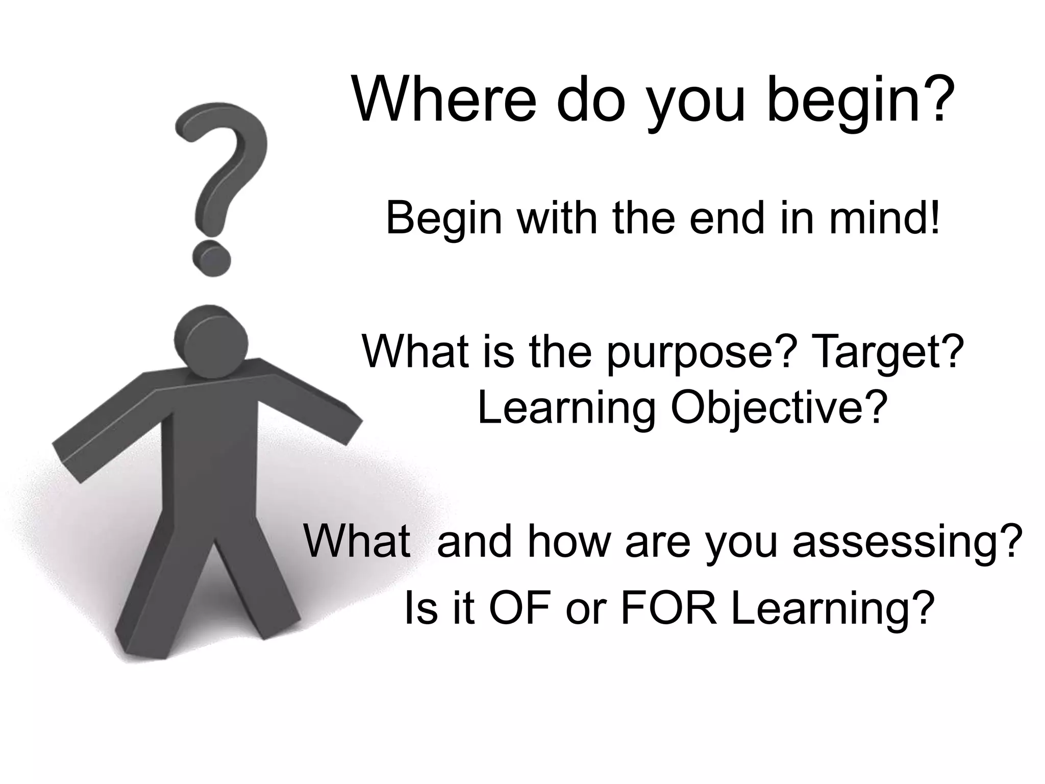 Where do you begin?Begin with the end in mind! What is the purpose? Target? Learning Objective?   What  and how are you assessing? Is it OF or FOR Learning? 