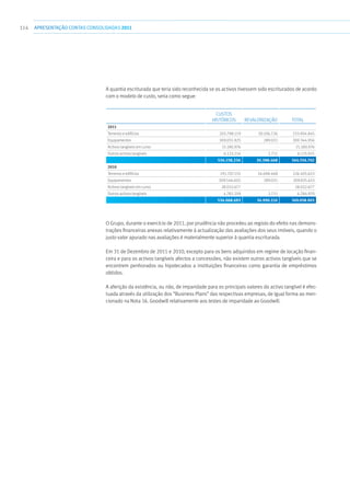 114 APRESENTAÇÃOCONTAS CONSOLIDADAS 2011
A quantia escriturada que teria sido reconhecida se os activos tivessem sido escriturados de acordo
com o modelo de custo, seria como segue:
Custos
históricos Revalorização Total
2011
Terrenos e edifícios 203.798.119 30.106.726 233.904.845
Equipamentos 309.055.925 289.031 309.344.956
Activos tangíveis em curso 15.180.976 - 15.180.976
Outros activos tangíveis 6.123.214 2.711 6.125.925
534.158.234 30.398.468 564.556.702
2010
Terrenos e edifícios 191.707.155 34.698.468 226.405.623
Equipamentos 309.546.602 289.031 309.835.633
Activos tangíveis em curso 28.032.677 - 28.032.677
Outros activos tangíveis 4.782.259 2.711 4.784.970
534.068.693 34.990.210 569.058.903
O Grupo, durante o exercício de 2011, por prudência não procedeu ao registo do efeito nas demons-
trações financeiras anexas relativamente à actualização das avaliações dos seus imóveis, quando o
justo valor apurado nas avaliações é materialmente superior à quantia escriturada.
Em 31 de Dezembro de 2011 e 2010, excepto para os bens adquiridos em regime de locação finan-
ceira e para os activos tangíveis afectos a concessões, não existem outros activos tangíveis que se
encontrem penhorados ou hipotecados a instituições financeiras como garantia de empréstimos
obtidos.
A aferição da existência, ou não, de imparidade para os principais valores do activo tangível é efec-
tuada através da utilização dos “Business Plans” das respectivas empresas, de igual forma ao men-
cionado na Nota 16. Goodwill relativamente aos testes de imparidade ao Goodwill.
 