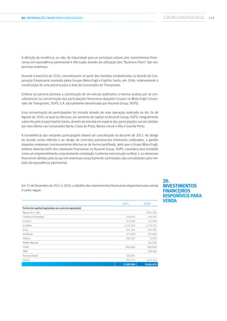 11902.INFORMAÇÃOFINANCEIRA CONSOLIDADA
A aferição da existência, ou não, de imparidade para os principais valores dos investimentos finan-
ceiros em equivalência patrimonial é efectuado através da utilização dos “Business Plans” das res-
pectivas empresas.
Durante o exercício de 2010, concretizaram-se parte das medidas estabelecidas no Acordo de Coo-
peração Empresarial assinado pelos Grupos Mota-Engil e Espírito Santo, em 2006, relativamente à
constituição de uma parceria para a área de Concessões de Transportes.
Embora tal parceria previsse a constituição de um veículo autónomo, a mesma acabou por se con-
substanciar na concentração das participações financeiras daqueles Grupos na Mota-Engil Conces-
sões de Transportes, SGPS, S.A. (actualmente denominada por Ascendi Group, SGPS).
Esta concentração de participações foi iniciada através de uma operação realizada no dia 24 de
Agosto de 2010, na qual se efectuou um aumento de capital na Ascendi Group, SGPS, integralmente
subscrito pelo Grupo Espírito Santo, através da entrada em espécie das participações sociais detidas
por esta última nas Concessões Norte, Costa de Prata, Beiras Litoral e Alta e Grande Porto.
A transferência das restantes participações deverá ser concretizada no decorrer de 2012. Ao abrigo
do acordo acima referido e ao abrigo de contratos parassociais entretanto celebrados, a gestão
daquelas empresas concessionárias efectua-se de forma partilhada, pelo que o Grupo Mota-Engil,
embora detendo 60% dos interesses financeiros na Ascendi Group, SGPS, considera esta entidade
como um empreendimento conjuntamente controlado. Conforme mencionado na Nota 1, os interesses
financeiros detidos pelo Grupo em empresas conjuntamente controladas são consolidados pelo mé-
todo da equivalência patrimonial.
Em 31 de Dezembro de 2011 e 2010, o detalhe dos investimentos financeiros disponíveis para venda
é como segue:
2011 2010
Partes de capital (registadas ao custo de aquisição)
Águas de S. João - 3.951.396
Cerâmica do Boialvo 319.343 319.343
Cosamo 152.049 152.049
Ecodetra 1.153.202 1.153.202
Ersuc 554.381 554.381
Iberfibran 375.000 375.000
Indimo 500.307 12.959
Pfeiffer Manvia - 245.092
Tirtife 900.600 900.600
TMB - 939.360
Tracevia Brasil 326.651 -
Outros 907.773 1.023.243
5.189.306 9.626.625
20.
Investimentos
financeiros
disponíveis para
venda
 