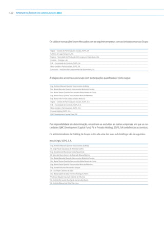 142 APRESENTAÇÃOCONTAS CONSOLIDADAS 2011
OssaldosetransacçõesforamefectuadoscomasseguintesempresascomaccionistascomunsaoGrupo:
Algosi – Gestão de Participações Sociais, SGPS, SA
António de Lago Cerqueira, SA
Cogera – Sociedade de Produção de Energia por Cogeração, Lda
Covelas – Energia, Lda
F.M. – Sociedade de Controlo, SGPS, SA
Mota Gestão e Participações, SGPS, SA
Sunviauto – Indústria de Componentes de Automóveis, SA
A relação dos accionistas do Grupo com participações qualificadas é como segue:
Eng. António Manuel Queirós Vasconcelos da Mota
Dra. Maria Manuela Queirós Vasconcelos Mota dos Santos
Dra. Maria Teresa Queirós Vasconcelos Mota Neves da Costa
Eng. Maria Paula Queirós Vasconcelos Mota de Meireles
Eng. Maria Inês Fonseca Vasconcelos Mota Sá
Algosi – Gestão de Participações Sociais, SGPS, S.A.
F.M. – Sociedade de Controlo, SGPS, S.A.
Mota Gestão e Participações, SGPS, S.A.
Privado Holding SGPS, S.A.
QMC Development Capital Fund, Plc
Por impossibilidade de determinação, encontram-se excluídas as outras empresas em que as so-
ciedades QMC Development Capital Fund, Plc e Privado Holding, SGPS, SA também são accionistas.
Os administradores da Holding do Grupo e de cada uma das suas sub-holdings são os seguintes:
Mota-Engil, SGPS, S.A.
Eng. António Manuel Queirós Vasconcelos da Mota
Dr. Jorge Paulo Sacadura de Almeida Coelho
Eng. Arnaldo José Nunes da Costa Figueiredo
Dr. Gonçalo Nuno Gomes de Andrade Moura Martins
Dra. Maria Manuela Queirós Vasconcelos Mota dos Santos
Dra. Maria Teresa Queirós Vasconcelos Mota Neves da Costa
Eng. Maria Paula Queirós Vasconcelos Mota de Meireles
Eng. Ismael Antunes Hernandez Gaspar
Dr. Luís Filipe Cardoso da Silva
Dra. Maria Isabel da Silva Ferreira Rodrigues Peres
Professor Doutor Eng. Luís Valente de Oliveira
Dr. António Bernardo Aranha da Gama Lobo Xavier
Dr. António Manuel da Silva Vila Cova
 