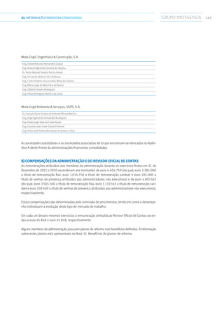 14302.INFORMAÇÃOFINANCEIRA CONSOLIDADA
Mota-Engil, Engenharia  Construção, S.A.
Eng. Ismael Antunes Hernandez Gaspar
Eng. António Martinho Ferreira de Oliveira
Dr. Pedro Manuel Teixeira Rocha Antelo
Eng. Fernando Alberto Fiel e Barbosa
Eng. Carlos António Vasconcelos Mota dos Santos
Eng. Mário Jorge de Melo Faria de Barros
Eng. Gilberto Silveira Rodrigues
Eng. Pedro Rodrigues Martins da Costa
Mota-Engil Ambiente  Serviços, SGPS, S.A.
Dr. Gonçalo Nuno Gomes de Andrade Moura Martins
Eng. Jorge Agostinho Fernandes Rodrigues
Eng. Paulo Jorge Silva da Costa Nunes
Eng. Eduardo João Frade Sobral Pimentel
Eng. Pedro José Avelar Montalvão de Santos e Silva
As sociedades subsidiárias e as sociedades associadas do Grupo encontram-se elencadas no Apên-
dice A deste Anexo às demonstrações financeiras consolidadas.
b) Compensações da administração e do Revisor Oficial de Contas
As remunerações atribuídas aos membros da administração durante os exercícios findos em 31 de
Dezembro de 2011 e 2010 ascenderam aos montantes de euro 4.404.750 (do qual, euro 3.285.000
a título de remuneração fixa, euro 1.014.750 a título de remuneração variável e euro 105.000 a
título de senhas de presença atribuídas aos administradores não executivos) e de euro 4.807.163
(do qual, euro 3.565.500 a título de remuneração fixa, euro 1.132.163 a título de remuneração vari-
ável e euro 109.500 a título de senhas de presença atribuídas aos administradores não executivos),
respectivamente.
Estas compensações são determinadas pela comissão de vencimentos, tendo em conta o desempe-
nho individual e a evolução deste tipo de mercado de trabalho.
Em cada um desses mesmos exercícios a remuneração atribuída ao Revisor Oficial de Contas ascen-
deu a euro 45.848 e euro 45.848, respectivamente.
Alguns membros da administração possuem planos de reforma com benefícios definidos. A informação
sobre estes planos está apresentada na Nota 31. Benefícios de planos de reforma.
 
