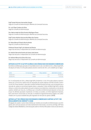 21903.RELATÓRIOSOBRE AS PRÁTICAS DE GOVERNO SOCIETÁRIO
Engº Ismael Antunes Hernandez Gaspar
Vogal do Conselho de Administração e Membro da Comissão Executiva
Dr. Luís Filipe Cardoso da Silva
Vogal do Conselho de Administração
Dra. Maria Isabel da Silva Ferreira Rodrigues Peres
Vogal do Conselho de Administração e Membro da Comissão Executiva
Engº Carlos António Vasconcelos Mota dos Santos
Vogal do Conselho de Administração e Membro da Comissão Executiva
Dr. Pedro Manuel Teixeira Rocha Antelo
Vogal do Conselho de Administração
Professor Doutor Engº Luís Valente de Oliveira
Vogal não executivo e independente do Conselho de Administração
Dr. António Bernardo Aranha da Gama Lobo Xavier
Vogal não executivo e independente do Conselho de Administração
Dr. António Manuel da Silva Vila Cova
Vogal não executivo e independente do Conselho de Administração
Artigos 324º nº 2 e 66º nº5 alínea c) do Código das Sociedades Comerciais
No âmbito da deliberação aprovada em Assembleia Geral no dia 14 de Abril de 2011, a Mota-Engil SGPS,
SA adquiriu em bolsa 33.128 acções próprias durante o exercício de 2011, com o detalhe que se segue:
DATA N º DE AÇÕES PREÇO MÉDIO MONTANTE (EURO)
05/Set/2011 77.923 1,29 100.392,83
06/Set/2011 18.000 1,24 22.251,00
Em 31 de Dezembro de 2011, a Mota-Engil SGPS, SA detinha 11.101.379 acções próprias represen-
tativas de 5,42% do seu capital social. As aquisições de acções próprias ocorridas durante o exercí-
cio de 2011 foram levadas a cabo pelo Conselho de Administração do Grupo, que ao entender que o
mercado de capitais se encontrava àquelas datas a subavaliar o título da Mota-Engil SGPS, decidiu
reforçar a carteira de acções próprias da qual a empresa era já detentora, sinalizando ao mercado de
capitais, também por essa via, a confiança que o Conselho de Administração deposita no futuro do
Grupo. As referidas aquisições respeitaram, em todas as ocasiões, os limites legalmente impostos,
bem como foram comunicadas ao mercado, na medida do regulamentarmente exigido e em confor-
midade com os prazos estabelecidos pelo regulador do mercado de capitais (CMVM).
Artigo 447º do Código das Sociedades Comerciais e Artigo 14º nº 7 do
Regulamento da CMVM nº 5/2008
Divulgação de acções e outros títulos detidos por membros do Conselho de Administração e por Diri-
gentes, bem como por pessoas com estes estreitamente relacionadas, nos termos do Artigo 248º-B do
CódigodosValoresMobiliários,edetransacçõessobreosmesmosefectuadosnodecursodoexercício.
 