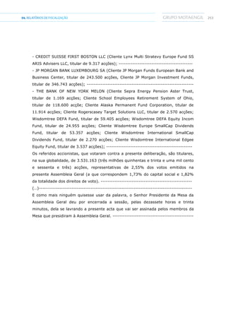25304.RELATÓRIOSDEFISCALIZAÇÃO
- CREDIT SUISSE FIRST BOSTON LLC (Cliente Lynx Multi Stratevy Europe Fund SS
ARIS Advisers LLC, titular de 9.317 acções); -------------------------------------------
- JP MORGAN BANK LUXEMBOURG SA (Cliente JP Morgan Funds European Bank and
Business Center, titular de 243.500 acções, Cliente JP Morgan Investment Funds,
titular de 346.743 acções); --------------------------------------------------------------
- THE BANK OF NEW YORK MELON (Cliente Sepra Energy Pension Aster Trust,
titular de 1.169 acções; Cliente School Employees Retirement System of Ohio,
titular de 118.600 acçõe; Cliente Alaska Permanent Fund Corporation, titular de
11.914 acções; Cliente Rogerscasey Target Solutions LLC, titular de 2.570 acções;
Wisdomtree DEFA Fund, titular de 59.405 acções; Wisdomtree DEFA Equity Incom
Fund, titular de 24.955 acções; Cliente Wisdomtree Europe SmallCap Dividends
Fund, titular de 53.357 acções; Cliente Wisdomtree International SmallCap
Dividends Fund, titular de 2.270 acções; Cliente Wisdomtree International Edgee
Equity Fund, titular de 3.537 acções); --------------------------------------------------
Os referidos accionistas, que votaram contra a presente deliberação, são titulares,
na sua globalidade, de 3.531.163 (três milhões quinhentas e trinta e uma mil cento
e sessenta e três) acções, representativas de 2,55% dos votos emitidos na
presente Assembleia Geral (a que correspondem 1,73% do capital social e 1,82%
da totalidade dos direitos de voto). -----------------------------------------------------
(…)-----------------------------------------------------------------------------------------
E como mais ninguém quisesse usar da palavra, o Senhor Presidente da Mesa da
Assembleia Geral deu por encerrada a sessão, pelas dezassete horas e trinta
minutos, dela se lavrando a presente acta que vai ser assinada pelos membros da
Mesa que presidiram à Assembleia Geral. -----------------------------------------------
 