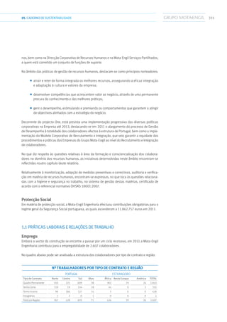 33105.CADERNODESUSTENTABILIDADE
nos, bem como na Direcção Corporativa de Recursos Humanos e na Mota-Engil Serviços Partilhados,
a quem está cometido um conjunto de funções de suporte.
No âmbito das práticas de gestão de recursos humanos, destacam-se como principios norteadores:
■■ atrair e reter de forma integrada os melhores recursos, assegurando a eficaz integração
e adaptação à cultura e valores da empresa;
■■ desenvolver competências que acrescentem valor ao negócio, através de uma permanente
procura do conhecimento e das melhores práticas;
■■ gerir o desempenho, estimulando e premiando os comportamentos que garantem o atingir
de objectivos alinhados com a estratégia do negócio.
Decorrente do projecto One, está prevista uma implementação progressiva das diversas políticas
corporativas na Empresa até 2013, destacando-se em 2011 o alargamento do processo de Gestão
de Desempenho à totalidade dos colaboradores afectos à estrutura de Portugal, bem como a imple-
mentação do Modelo Corporativo de Recrutamento e Integração, que veio garantir a equidade dos
procedimentos e práticas das Empresas do Grupo Mota-Engil ao nível do Recrutamento e Integração
de colaboradores.
No que diz respeito às questões relativas à área da formação e consciencialização dos colabora-
dores no domínio dos recursos humanos, as iniciativas desenvolvidas neste âmbito encontram-se
reflectidas noutro capítulo deste relatório.
Relativamente à monitorização, adopção de medidas preventivas e correctivas, auditoria e verifica-
ção em matéria de recursos humanos, encontram-se expressas, no que toca às questões relaciona-
das com a higiene e segurança no trabalho, no sistema de gestão destas matérias, certificado de
acordo com o referencial normativo OHSAS 18001:2007.
Protecção Social
Em matéria de protecção social, a Mota-Engil Engenharia efectuou contribuições obrigatórias para o
regime geral da Segurança Social portuguesa, as quais ascenderam a 11.862.757 euros em 2011.
1.1 PRÁTICAS LABORAIS E RELAÇÕES DE TRABALHO
Emprego
Embora o sector da construção se encontre a passar por um ciclo recessivo, em 2011 a Mota-Engil
Engenharia contribuiu para a empregabilidade de 2.607 colaboradores.
No quadro abaixo pode ser analisada a estrutura dos colaboradores por tipo de contrato e região:
Nº TRABALHADORES POR TIPO DE CONTRATO E REGIÃO
PORTUGAL ESTRANGEIRO
Tipo de Contrato Norte Centro Sul Ilhas África Resto Europa América TOTAL
Quadro Permanente 550 221 609 38 382 19 24 1.843
Termo Certo 118 19 134 18 41 0 2 332
Termo Incerto 98 186 127 14 3 0 0 428
Estagiários 1 2 0 1 0 0 0 4
Total por Região 767 428 870 71 426 19 26 2.607
 