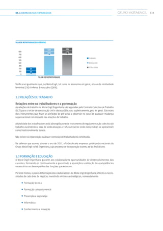 33305.CADERNODESUSTENTABILIDADE
taxa de rotatividade por género
26%
669
taxa de rotatividade
1%
25
27%
694
800
700
600
500
400
300
200
100
0
total geral
feminino
masculino
Verifica-se igualmente que, na Mota-Engil, tal como na economia em geral, a taxa de rotatividade
feminina (1%) é inferior à masculina (26%).
1.2 RELAÇÕES DE TRABALHO
Relações entre os trabalhadores e a governação
As relações de trabalho na Mota-Engil Engenharia são reguladas pelo Contrato Colectivo de Trabalho
(CCT) para o sector de construção civil e obras públicas e, supletivamente, pela lei geral. São estes
dois instrumentos que fixam os períodos de pré-aviso a observar no caso de qualquer mudança
organizacional com impacte nas relações de trabalho.
A totalidade dos trabalhadores está abrangida por este instrumento de regulamentação colectiva do
trabalho ascendendo a taxa de sindicalização a 15% num sector onde estes índices se apresentam
como tradicionalmente baixos.
Não existe na organização qualquer comissão de trabalhadores constituída.
De salientar que ocorreu durante o ano de 2011, a fusão de seis empresas participadas nacionais do
Grupo Mota-Engil na ME Engenharia, cujo processo de incorporação ocorreu até ao final do ano.
1.3 FORMAÇÃO E EDUCAÇÃO
A Mota-Engil Engenharia garante aos colaboradores oportunidades de desenvolvimentos das
carreiras, formando-os continuamente e garantindo a aquisição e validação das competências
necessárias ao desempenho das funções que exercem.
Por este motivo, o plano de formação dos colaboradores da Mota-Engil Engenharia reflecte as neces-
sidades de cada área de negócio, investindo em áreas estratégicas, nomeadamente:
■■ Formação técnica
■■ Formação comportamental
■■ Prevenção e segurança
■■ Informática
■■ Conhecimento e inovação
 