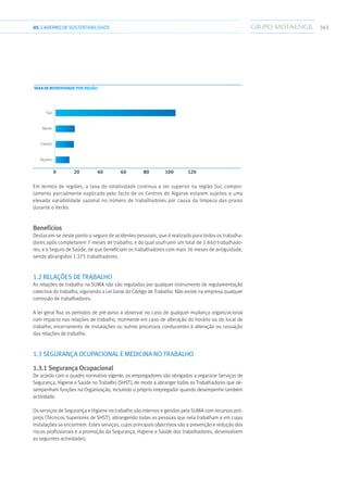 34305.CADERNODESUSTENTABILIDADE
Sul
Norte
Centro
Açores
0 20 40 60 80 120100
Taxa de rotatividade por região
Em termos de regiões, a taxa de rotatividade continua a ser superior na região Sul, compor-
tamento parcialmente explicado pelo facto de os Centros do Algarve estarem sujeitos a uma
elevada variabilidade sazonal no número de trabalhadores por causa da limpeza das praias
durante o Verão.
Benefícios
Destacam-se neste ponto o seguro de acidentes pessoais, que é realizado para todos os trabalha-
dores após completarem 7 meses de trabalho, e do qual usufruem um total de 1.840 trabalhado-
res; e o Seguro de Saúde, de que beneficiam os trabalhadores com mais 36 meses de antiguidade,
sendo abrangidos 1.375 trabalhadores.
1.2 RELAÇÕES DE TRABALHO
As relações de trabalho na SUMA não são reguladas por qualquer instrumento de regulamentação
colectiva do trabalho, vigorando a Lei Geral do Código de Trabalho. Não existe na empresa qualquer
comissão de trabalhadores.
A lei geral fixa os períodos de pré-aviso a observar no caso de qualquer mudança organizacional
com impacto nas relações de trabalho, mormente em caso de alteração do horário ou do local de
trabalho, encerramento de instalações ou outros processos conducentes à alteração ou cessação
das relações de trabalho.
1.3 SEGURANÇA OCUPACIONAL E MEDICINA NO TRABALHO
1.3.1 Segurança Ocupacional
De acordo com o quadro normativo vigente, os empregadores são obrigados a organizar Serviços de
Segurança, Higiene e Saúde no Trabalho (SHST), de modo a abranger todos os Trabalhadores que de-
sempenham funções na Organização, incluindo o próprio empregador quando desempenhe também
actividade.
Os serviços de Segurança e Higiene no trabalho são internos e geridos pela SUMA com recursos pró-
prios (Técnicos Superiores de SHST), abrangendo todas as pessoas que nela trabalham e em cujas
instalações se encontrem. Estes serviços, cujos principais objectivos são a prevenção e redução dos
riscos profissionais e a promoção da Segurança, Higiene e Saúde dos trabalhadores, desenvolvem
as seguintes actividades:
 