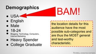 Demographics 
● USA 
● English 
● Male 
● 18-24 
● Blogging, Technology, Computers, 
Internet Marketing 
● Heavy Spender 
● College Graduate 
BAM! 
the location details for this 
audience have the most 
possible sub-categories and 
are thus the MOST general 
and test-worthy 
characteristic. 
 