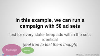 in this example, we can run a 
campaign with 50 ad sets 
test for every state- keep ads within the sets 
dan@danjrussell.com 
identical 
(feel free to test them though) 
Message helloo! 
 