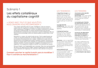 « VENEZ AVEC TOUT CE QUE VOUS ÊTES,
NOUS SAURONS VOUS RÉCOMPENSER »
Tout compte aujourd’hui dans le travail : l’intelligence, le lieu de travail, le
capital social, les compétences artistiques, les réseaux interpersonnels. Les
loisirs maintiennent l’intelligence en alerte, les hobbies constituent de nouvelles
perspectives professionnelles, les réseaux interpersonnels sont des liens
potentiellement enrichissants pour l’entreprise, le quartier d’habitation offre des
infrastructures (coworking, centres de ressources) plus ou moins riches, et des
relations…
Rémunérer le « temps » de travail n’a plus de sens. C’est le capital humain qui
compte. En situation d’embauche, les salariés négocient avec les entreprises
les conditions d’enrichissement de ce capital : conditions de travail, accès aux
infrastructures de développement humain, formation continue. Ils mettent en
balance les réseaux qu’ils se sont constitués. En contrepartie de rémunérations
salariales moindres, certaines entreprises s’engagent à survaloriser les CV, à «
augmenter » les compétences validées en interne, ou la notoriété des réseaux.
Plus que l’emploi, c’est l’employabilité qui se monnaye. Mais cette marchandisation
des liens et du capital social est fragile. Nombreux l’apprennent à leur dépend :
si une réputation met longtemps à se construire, elle se détruit en très peu de
temps…
Comment valoriser le capital humain sans le monétiser ?
Faut-il craindre sa marchandisation ?
LES TENDANCES
L’algorithme Google pour
l’amélioration du taux de
rétention permettant de
prévoir avec succès quels
employés sont les plus enclins
à vouloir quitter l’entreprise et
à agir avant qu’il ne soit trop
tard.
Le projet wiki des
compétences : pour faire valoir
d’autres compétences que les
diplômes.
L’entreprise Quechua
embauche leur community
manager sur des critères
d’influence sur les réseaux
(score Klout minimum requis :
35).
eHarmony : vers un algorithme
de rencontres entre employés
et employeurs, prenant en
compte un très grand nombre
de paramètres (professionnel,
personnel…).
evolvondemand.com
Comment le big data façonne
la force de travail : cette
société utilise la science des
données pour conseiller les
entreprises qui embauchent
des travailleurs à la tâche.
LES TENSIONS
Une tension entre identité
professionnelle et
personnelle : d’un côté intimité
et vie privée en danger, de
l’autre risque de collusion
d’intérêts.
Le marketing de l’individu
au travail est en marche : la
maîtrise des réseaux sociaux,
de la publicisation de soi,
la gestion de son identité
deviennent des compétences
essentielles à l’employabilité.
Le pouvoir de négociation
d’un individu face à son
employeur en question se
joue maintenant dans le
rapport intérieur/extérieur que
l’individu peut faire porter.
Les valeurs défendues par
une entreprise, la façon de
valoriser la compétence
sociale d’une entreprise, la
globalisation des réseaux et
l’interdépendance des chaînes
de production, diffusion,
consommation conduisent-ils
à l’uniformisation des valeurs
?
Les effets collatéraux
du capitalisme cognitif
Scénario 1
 