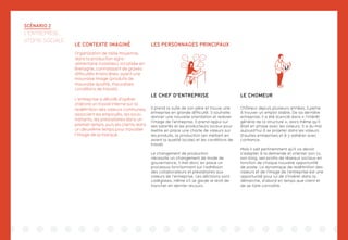 LES PERSONNAGES PRINCIPAUX
LE CHEF D’ENTREPRISE
Il prend la suite de son père et trouve une
entreprise en grande difficulté. Il souhaite
donner une nouvelle orientation et redorer
l’image de l’entreprise. Il prend appui sur
ses salariés et les producteurs locaux pour
mettre en place une charte de valeurs sur
les produits, la production (en mettant en
avant la qualité locale) et les conditions de
travail.
Le changement de production
nécessite un changement de mode de
gouvernance, il met donc en place un
processus fonctionnant sur l’adhésion
des collaborateurs et prestataires aux
valeurs de l’entreprise. Les décisions sont
collégiales, même s’il se garde le droit de
trancher en dernier recours.
LE CHOMEUR
Chômeur depuis plusieurs années, il.peine
à trouver un emploi stable. De sa dernière
entreprise, il a été licencié dans « l’intérêt
général de la structure », alors même qu’il
était en phase avec les valeurs. Il a du mal
aujourd’hui à se projeter dans les valeurs
d’autres entreprises et à y adhérer avec
confiance.
Mais il sait pertinemment qu’il va devoir
s’adapter à la demande et orienter son cv,
son blog, ses profils de réseaux sociaux en
fonction de chaque nouvelle opportunité
de poste. La dynamique de redéfinition des
valeurs et de l’image de l’entreprise est une
opportunité pour lui de s’insérer dans la
démarche, d’abord en temps que client et
de se faire connaître.
SCÉNARIO 2
L’ENTREPRISE,
UTOPIE SOCIALE
salaires crise
URSSAF
perspective
développe-
ment
LE CONTEXTE IMAGINÉ
Organisation de taille moyenne,
dans la production agro-
alimentaire (volailles), localisée en
Bretagne, connaissant de graves
difficultés financières, ayant une
mauvaise image (produits de
mauvaise qualité, mauvaises
conditions de travail).
L’entreprise a décidé d’opérer
d’abord un travail interne sur la
redéfinition des valeurs communes,
associant les employés, les sous-
traitants, les prestataires dans un
premier temps, puis les clients dans
un deuxième temps pour travailler
l’image de la marque.
 