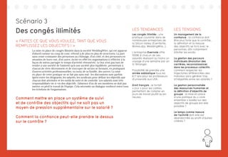 117
Des congés illimités
« FAITES CE QUE VOUS VOULEZ, TANT QUE VOUS
REMPLISSEZ LES OBJECTIFS ! »
La mise en place de congés illimités dans la société WeddingWire, qui est apparue
d’abord comme un coup de com’, s’étend à de plus en plus de structures. La part
sans cesse croissante des personnes au chômage, d’un côté, et des personnes en
situation de burn-out, d’un autre, incite en effet les organisations à réfléchir à la
façon de mieux partager le temps d’activité rémunérée. Le but n’est pas tant de
tendre à une société de l’oisiveté qu’à une société plus équilibrée, permettant à
chacun de vivre décemment et de s’occuper de soi (en se formant, en pratiquant
d’autres activités professionnelles, ou non), de sa famille, des autres. La mise
en place de cette pratique ne se fait pas sans mal : les discussions sont parfois
âpres entre les dirigeants, les salariés, les syndicats pour définir les objectifs que
chacun doit atteindre et les outils de suivi et de contrôle. Les salariés sont très
responsabilisés vis-à-vis des objectifs : l’absence d’un de ses membres ne doit pas
mettre en péril le travail de l’équipe. Cela nécessite un dialogue renforcé entre tous
les échelons de l’organisation.
Comment mettre en place un système de suivi
et de contrôle des objectifs qui ne soit pas un
moyen de pression supplémentaire sur le salarié ?
Comment la confiance peut-elle prendre le dessus
sur le contrôle ?
LES TENDANCES
Les congés illimités : une
pratique courante dans de
nombreuses entreprises de
la Silicon Valley (Eventbrite,
Work4Labs, WeddingWire…).
L’entreprise Evernote offre
1000€ à chacun de ses
salariés réalisant au moins un
voyage d’une semaine par an
à l’étranger.
Possibilité de prendre une
année sabbatique tous les
6/7 ans pour les professeurs
d’université aux USA.
Droit français : le forfait
« jour » pour les cadres,
permettant de compter en
jours de travail plutôt qu’en
heures.
LES TENSIONS
Un management de la
confiance : la confiance doit
être plus forte que le contrôle,
la définition et la mesure
des objectifs se font avec le
personnel, afin notamment
d’éviter les excès.
La gestion des parcours
individuels (évolution des
carrières, reconnaissance)
dans les processus collectifs :
comment respecter les
trajectoires différenciées des
individus sans générer trop
d’inégalités entre les salariés ?
La gestion personnalisée
des ressources humaines et
la définition d’objectifs de
groupe : la mise en place
d’une politique du « vivre
ensemble » basée sur des
objectifs de groupe est-elle
possible ?
Le temps comme mesure
de l’activité doit-elle est
abandonnée au profit d’autres
critères ?
Scénario 3
 