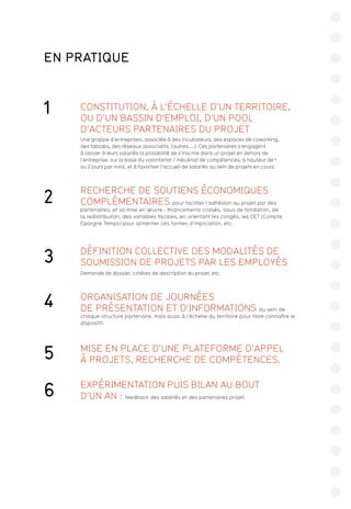 1 CONSTITUTION, À L’ÉCHELLE D’UN TERRITOIRE,
OU D’UN BASSIN D’EMPLOI, D’UN POOL
D’ACTEURS PARTENAIRES DU PROJET
Une grappe d’entreprises, associée à des incubateurs, des espaces de coworking,
des fablabs, des réseaux associatifs, (autres....). Ces partenaires s’engagent
à laisser à leurs salariés la possibilité de s’inscrire dans un projet en dehors de
l’entreprise, sur la base du volontariat / mécénat de compétences, à hauteur de 1
ou 2 jours par mois, et à favoriser l’accueil de salariés au sein de projets en cours.
2
RECHERCHE DE SOUTIENS ÉCONOMIQUES
COMPLÉMENTAIRES pour faciliter l’adhésion au projet par des
partenaires, et sa mise en œuvre : financements croisés, issus de fondation, de
la redistribution, des variables fiscales, en orientant les congés, les CET (Compte
Epargne Temps) pour alimenter ces formes d’implication, etc.
EN PRATIQUE
3 DÉFINITION COLLECTIVE DES MODALITÉS DE
SOUMISSION DE PROJETS PAR LES EMPLOYÉS
Demande de dossier, critères de description du projet, etc.
4 ORGANISATION DE JOURNÉES
DE PRÉSENTATION ET D’INFORMATIONS au sein de
chaque structure partenaire, mais aussi à l’échelle du territoire pour faire connaître le
dispositif.
5 MISE EN PLACE D’UNE PLATEFORME D’APPEL
À PROJETS, RECHERCHE DE COMPÉTENCES.
6 EXPÉRIMENTATION PUIS BILAN AU BOUT
D’UN AN : feedback des salariés et des partenaires projet.
 
