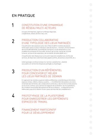 EN PRATIQUE
1 CONSTITUTION D’UNE DYNAMIQUE
DE RÉSEAU MULTI-ACTEURS
Groupes d’entreprises, agence numérique régionale,
coopératives, réseau de tiers-lieux, etc.
2 PRODUCTION COLLABORATIVE
D’UNE TYPOLOGIE DES LIEUX PARTAGÉS
1) Qualification des espaces autour de critères à définir (nombre de places,
forme open space, bureau individuel, salle de réunion -, fonction, environnement
de travail dématérialisé, proximité des transports, accès temporaire ou non,
modèles économiques et d’activités, facteurs de succès, nature de l’activité
à mener, recherche de respiration, de sociabilité, de sérendipité, etc.).
2) Qualification des réseaux qui s’y trouvent (type de compétences, d’offres de
services, de réponses collectives à des appels d’offres, de secteurs d’activité, etc.).
Cette typologie constitue la base d’un service « plateforme », destiné
aux publics en recherche d’espaces partagés ou à partager.
3 PRODUCTION D’UN RÉFÉRENTIEL
POUR CONCEVOIR ET RELIER
LES LIEUX PARTAGÉS DE DEMAIN
En agençant de manière souple et créative différentes caractéristiques (fonctions,
espaces, temps, métiers, réseaux, publics, ...). Ce référentiel nécessitera une vision,
à l’échelle des territoires, des collaborations entre lieux, des fonctions et des besoins
qu’ils ont en commun, pour penser les logiques de localisation, les mutualisations,
les conditions de réussite des espaces et de leurs réseaux... Le dispositif pourra
même aller jusqu’à la création d’une « place de marchés de compétences ».
4 PROTOTYPAGE DE LA PLATEFORME
POUR ENREGISTRER LES DIFFÉRENTS
ESPACES DE TRAVAIL
5 FINANCEMENT PARTICIPATIF
POUR LE DÉVELOPPEMENT
 