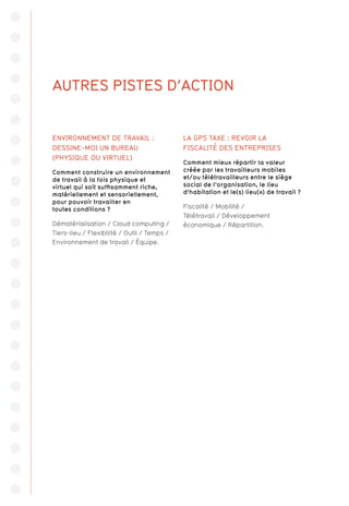 ENVIRONNEMENT DE TRAVAIL :
DESSINE-MOI UN BUREAU
(PHYSIQUE OU VIRTUEL)
Comment construire un environnement
de travail à la fois physique et
virtuel qui soit suffisamment riche,
matériellement et sensoriellement,
pour pouvoir travailler en
toutes conditions ?
Dématérialisation / Cloud computing /
Tiers-lieu / Flexibilité / Outil / Temps /
Environnement de travail / Équipe.
LA GPS TAXE : REVOIR LA
FISCALITÉ DES ENTREPRISES
Comment mieux répartir la valeur
créée par les travailleurs mobiles
et/ou télétravailleurs entre le siège
social de l’organisation, le lieu
d’habitation et le(s) lieu(x) de travail ?
Fiscalité / Mobilité /
Télétravail / Développement
économique / Répartition.
AUTRES PISTES D’ACTION
 