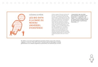 141
Suite au rapport français ColinCollin
paru en 2013, une fronde s’étend en
Europe. La réutilisation des données
personnelles, symbolisée par les « Big
Data », fait l’objet de luttes sociales et
politiques importantes. Les entrepris-
es pratiquant l’analyse et la réutili-
sation des données personnelles se
voient contraintes, à partir de 2014, de
payer des droits de réutilisation aux
usagers, selon un modèle élaboré par
les CNIL européennes. Ces rétribu-
tions deviennent alors la base d’un
revenu minimum d’existence, com-
plété par des aides publiques et du
salariat classique. Mais de nouvelles
inégalités apparaissent, en particulier
auprès des publics dits de l’e-exclu-
sion.
L’exploitation des données
peut-elle être à l’origine d’une
production « collective » de
valeur ? Le numérique ouvre-t-il
le champ à de nouvelles formes
de rémunération (symbolique,
financière...) ?
SCÉNARIO EXTRÊME
LES BIG DATA
À LA BASE DU
REVENU
UNIVERSEL
D’EXISTENCE
Par ailleurs, son réseau peut également permettre d’avoir accès à des contenus
originaux : le service « Pay with a tweet »13
permet ainsi de télécharger un ebook
gratuitement en en faisant simplement la promotion à ses abonnés par un tweet.
011001100111
0110100101100
0110011011100
101101100110
0110011010010
0101011001101
 