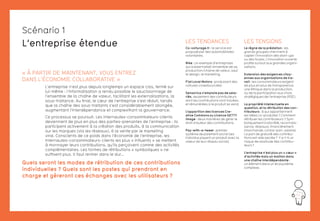 145
« À PARTIR DE MAINTENANT, VOUS ENTREZ
DANS L’ÉCONOMIE COLLABORATIVE »
L’entreprise n’est plus depuis longtemps un espace clos, fermé sur
lui-même : l’informatisation a rendu possible le saucissonnage de
l’ensemble de la chaîne de valeur, facilitant les externalisations, la
sous-traitance. Au final, le cœur de l’entreprise s’est réduit, tandis
que la chaîne des sous-traitants s’est considérablement allongée,
augmentant l’interdépendance et complexifiant la gouvernance.
Ce processus se poursuit. Les internautes-consommateurs-clients
deviennent de plus en plus des parties-prenantes de l’entreprise : ils
participent activement à la création des produits, à la communication
sur les marques (via les réseaux), à la vente par le marketing
viral. Conscients de ce poids dans l’économie de l’entreprise, les
internautes-consommateurs-clients les plus « influents » se mettent
à monnayer leurs contributions, qu’ils perçoivent comme des activités
complémentaires. Les formes de rétributions « symboliques » ne
suffisent plus. Il faut rentrer dans le dur…
Quels seront les modes de rétribution de ces contributions
individuelles ? Quels sont les postes qui prendront en
charge et gèreront ces échanges avec les utilisateurs ?
LES TENDANCES
Co-voiturage.fr : le service est
proposé par des automobilistes
volontaires.
Nike : un exemple d’entreprises
qui a externalisé l’ensemble de sa
production/chaine de valeur, sauf
le design, le marketing.
Fiat Local Motors : produisant des
voitures crowdsourcées
Sensorica n’emploie pas de sala-
riés, seulement des contributeurs
dont les contributions sont tracées,
et rémunérées si le produit se vend.
L’apparition des licences Cre-
ative Commons ou Licence GETTY
Image : deux manières de gérer le
droit d’auteur des contributions.
Pay-with-a-tweet : premier
système de paiement social (les
individus payent un produit avec la
valeur de leur réseau social).
LES TENSIONS
Le règne de la prédation : les
grands groupes cherchent à
capter l’innovation des start-ups
ou des foules. L’innovation ouverte
profite surtout aux grandes organi-
sations.
Extension des exigences citoy-
ennes aux organisations de tra-
vail : les consommateurs exigent
de plus en plus de transparence,
une éthique dans la production,
ou de la participation aux choix
stratégiques de l’entreprise (RSE).
La propriété intellectuelle en
question, et la rétribution des con-
tributeurs : à qui appartiennent
les idées co-produites ? Comment
rétribuer les contributeurs ? Sym-
boliquement (notoriété, reconnais-
sance, réseaux), financièrement
(marchande, contre-part, salaire).
La part de gratuité des contribu-
tions est-elle sacrée ? Y a-t-il un
risque de lassitude des contribu-
teurs ?
L’entreprise n’est plus un « cœur »
d’activités mais un maillon dans
une chaîne interdépendante :
un élément dans un écosystème
complexe.
L’entreprise étendue
Scénario 1
 