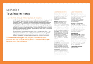 Tous intermittents
« UN TRAVAIL ? SI JE VEUX, QUAND JE VEUX ! »
Le CDI n’est plus la norme. Les formes de travail « intermittent » et la pluriactivité
se développent rapidement dans toutes les catégories sociales, depuis les «
travailleurs pauvres » contraints de cumuler plusieurs jobs, jusqu’aux cadres qui
développent en auto-entrepreneurs ou sous des statuts hybrides des activités
complémentaires. Chaque individu est incité à valoriser ses compétences, son «
employabilité », à devenir le gestionnaire autonome de son portefeuille d’activités.
A l’instar de l’industrie cinématographique, les entreprises deviennent des « boîtes
à projet » dans lesquelles les individus, porteurs de leur savoir-faire, se retrouvent
pour collaborer sur une mission.
Si cette tendance convient bien aux cadres et aux « travailleurs du savoir », son
extension aux travailleurs moins qualifiés, moins autonomes, ou plus âgés, fait
apparaître des tensions sur le marché. Il faut inventer un nouveau modèle de
solidarité pour pallier les risques de précarisation des itinéraires personnels.
Comment se managent les projets collectifs quand
chacun est son propre employeur ? Comment sécuriser
les parcours des individus ?
LES TENDANCES
Slashers : dénomination que
l’on donne aux trentenaires ayant
développé un mode de travail
agrégeant, volontairement,
plusieurs activités, plusieurs
employeurs.
Sensorica : entreprise cana-
dienne décentralisée, fonc-
tionnant sur des échanges
pairs-à-pairs, qui fabriquent des
instruments de détection, et dont
les participants sont rémunérés
sur la base de leurs contributions.
Les CAE (Coopératives d’activité
et d’emploi) : des individus aux
activités distinctes, mais concer-
nant le même secteur d’activité,
se regroupent en coopéra-
tive pour mutualiser un certain
nombre d’éléments, et consti-
tuent un collectif à la géométrie
variable.
Les fabLabs, techshop,
hackerspaces : espaces partagés
de création et d’innovation dans
lesquels des outils et des ma-
chines numériques sont mutua-
lisés au service des projets des
individus, quel que soit leur statut.
Le Coworking : les espaces de
coworking se multiplient dans le
monde, et en Europe en particu-
lier, qui prend la 1e place devant
l’Amérique du nord ou l’Asie.
Scénario 1
LES TENSIONS
Valorisation des parcours
individuels : comment construire
des référentiels de compétences
et d’expériences dans des
contextes de flexibilité ?
Comment réussir à valoriser
la multiplicité des parcours
et des identités ?
Élasticité et entretien des
collectifs de travail : comment
réussit-on à construire un collectif
fonctionnel au milieu de parcours
hétérogènes et autonomes ?
L’indépendance des individus
construit-elle des collectifs
d’un genre nouveau ?
Appartenance
multi-communauté : l’indépen-
dance assumée des individus
sur le marché du travail peut
augmenter les appartenances
multiples : plusieurs communautés
de travail, plusieurs employeurs,
que ce soit de manière volontaire
ou subie. Les formes d’engage-
ment et d’implication peuvent
en être amoindries.
Flexibilité des parcours :
subie vs choisie
 