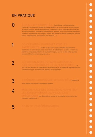 0 ÉTUDE D’OPPORTUNITÉS : Cette étude, multidisciplinaire,
s’attache à analyser les usages actuels et à définir le contour de cet environnement
de travail informel, auprès de différentes catégories d’actifs (salariés, personnes en
recherche d’emploi, travailleurs indépendants, retraités actifs; incluant des designers
pour bien appréhender les usages); auprès des différents acteurs (entreprise, service
public, indépendants, associations, incubateurs, …).
1 CO-DÉFINITION DU PROJET AVEC LES
PARTENAIRES : Qu’est-ce que ceux-ci peuvent déjà apporter à la
plateforme en terme de services, des critères de labellisation ; quelles seraient les
premières briques essentielles de la plateforme pour une 1e version bêta; quelles
pourraient être les itérations suivantes, ...
2 DÉFINITION AVEC LES PARTENAIRES D’UN
CAHIER DES CHARGES DE LA PLATEFORME : Ce
que l’on met dedans, les caractéristiques techniques et d’usages de la plateforme, les
conditions d’appel à contribution, appel à développement.
3 EXPÉRIMENTATION D’UNE VERSION BÊTA pendant 6
mois, auprès d’un panel d’utilisateurs testeurs.NDANT 6 MOIS
4 MISE EN PLACE DES CONDITIONS PERMETTANT
LE DÉVELOPPEMENT D’APPLICATIONS
SPÉCIFIQUES par l’écosystème autour de la musette : organisation de
concours, hackathons, ...
5 BILAN DE L’EXPÉRIMENTATION.
EN PRATIQUE
 
