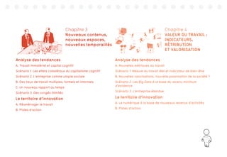 7
1011001
0011001
11110010
00010001
00110111
1001011
000100
0 011001
100101
001100
SOIR
MATIN
MIDI
+
Chapitre 3
Nouveaux contenus,
nouveaux espaces,
nouvelles temporalités
Analyse des tendances
A. Travail immatériel et capital cognitif
Scénario 1. Les effets collatéraux du capitalisme cognitif
Scénario 2. L’entreprise comme utopie sociale
B. Des lieux de travail multiples, formels et informels
C. Un nouveau rapport au temps
Scénario 3. Des congés illimités
Le territoire d’innovation
A. Réaménager le travail
B. Pistes d’action
Analyse des tendances
A. Nouvelles métriques du travail
Scénario 1. Mesure du travail réel et indicateur de bien-être
B. Nouvelles valorisations, nouvelle polarisation de la société ?
Scénario 2. Les Big Data à la base du revenu minimum
d’existence
Scénario 3. L’entreprise étendue
Le territoire d’innovation
A. Le numérique à la base de nouveaux revenus d’activités
B. Pistes d’action
Chapitre 4
VALEUR DU TRAVAIL :
INDICATEURS,
RÉTRIBUTION
ET VALORISATION
 