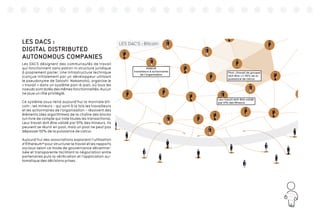 79
LES DACS :
DIGITAL DISTRIBUTED
AUTONOMOUS COMPANIES
Les DACS désignent des communautés de travail
qui fonctionnent sans patron ni structure juridique
à proprement parler. Une infrastructure technique
(conçue initialement par un développeur utilisant
le pseudonyme de Satoshi Nakamoto), organise le
« travail » dans un système pair-à-pair, où tous les
noeuds sont dotés des mêmes fonctionnalités. Aucun
ne joue un rôle privilégié.
Ce système sous-tend aujourd’hui la monnaie bit-
coin : les mineurs - qui sont à la fois les travailleurs
et les actionnaires de l’organisation - résolvent des
éléments (des algorithmes) de la chaîne des blocks
(un livre de compte qui note toutes les transactions).
Leur travail doit être validé par 51% des mineurs. Ils
peuvent se réunir en pool, mais un pool ne peut pas
dépasser 50% de la puissance de calcul.
Aujourd’hui des associations explorent l’utilisation
d’Ethereum39
pour structurer le travail et les rapports
sociaux selon ce mode de gouvernance décentral-
isée et transparente facilitant la négociation entre
partenaires puis la vérification et l’application au-
tomatique des décisions prises.
 