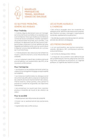 CE QUI POSE PROBLÈME,
GENÈRE DES RISQUES
Pour l’individu
•  L’individu négocie directement avec son manager
les formes de travail souhaitées et acceptables pour
lui et l’entreprise. Parce que situées aux frontières du
contrat de travail (nomadisme, mobilité, hybridation
vie professionnelle/vie privée, pluri-activités…) ces
pratiques ne dépassent pas les discussions inter-
personnelles, et peuvent, au final, générer de fortes
inégalités de traitement entre ceux qui auront réussi
à négocier (une journée de télétravail, etc.), et ceux
qui n’y arriveront pas.
•  L’individualisation des statuts pourrait affaiblir les
moyens collectifs d’actions, et les mécanismes de
solidarité.
•  Le non-traitement collectif des conditions de travail
pourrait générer une augmentation des RPS, et de
nouveaux conflits sociaux.
Pour l’entreprise
•  Les situations où les pratiques de travail sortent du
cadreetoùlemanagementengagesaresponsabilité
se multiplient.
•  Les instances traditionnelles du dialogue social
rencontrent des difficultés à composer et représenter
les collectifs de travail (fractionnement des statuts,
interne-externe, temps partiel), elles peinent à
prendre en compte les singularités, les trajectoires
individuelles.
•  Les entreprises ne savent pas faire coexister
plusieurs modalités de travail et de création de
valeur.
Pour la société
•  Affaiblissement des mécanismes de solidarité.
•  Erosion de la représentativité des partenaires
sociaux.
•  Augmentation des conflits sociaux.
LES ACTEURS AUXQUELS
IL S’ADRESSE
•  Des acteurs engagés dans les modalités du
dialogue social : directions des ressources humaines,
des relations sociales, managers, organisations
syndicales, représentants du personnel …
•  Des décideurs publics et privés qui devront, demain,
prendre des décisions stratégiques.
LES FREINS ENVISAGÉS
•  La non-participation des parties-prenantes :
salariés, décideurs, IRP, contributeurs externes,
acteurs territoriaux.
•  Les normes du dialogue elles-mêmes.
•  Le risque de « recouvrement » de la démarche par
des problématiques internes prégnantes (tensions
trop fortes, paralysant le processus), ou l’agenda
politique, ou l’agenda des relations sociales.
NOUVELLES
PRATIQUES DE
TRAVAIL, NOUVEAUX
USAGES DE DIALOGUE
3
 
