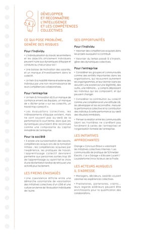 CE QUI POSE PROBLÈME,
GENÈRE DES RISQUES
Pour l’individu
•  L’individualisation du travail, les entretiens
et les objectifs strictement individuels
peuvent nuire aux dynamiques d’équipe et
conduire au chacun pour soi !
•  Une baisse de motivation des salariés,
et un manque d’investissement dans le
collectif.
•  Un frein à la mobilité interne et externe des
individus par une non-reconnaissance de
leurs compétences collaboratives.
Pour l’entreprise
•  Un frein à l’innovation dû à un manque de
confiance envers les équipes, un manque
de « lâcher-prise » sur les collectifs, un
travail trop « prescrit ».
•  Les évaluations collectives, les
intéressements d’équipe existent, mais
ne vont souvent pas au-delà de la
performance à court terme, alors que ces
dynamiques pourraient être reconnues
comme une composante du capital
immatériel de l’entreprise.
Pour la société
•  Il existe une survalorisation des savoirs,
compétences acquis lors de la formation
initiale ; les compétences acquises par
l’expérience, les pratiques de travail,
l’apprentissage collectif devraient
permettre aux personnes sorties trop tôt
de l’apprentissage ou ayant fait le choix
d’une réorientation tardive de retrouver une
activité plus facilement.
LES FREINS ENVISAGÉS
•  Une coexistence difficile entre une
démarche volontariste de valorisation
des initiatives collectives d’un côté et une
cultureanciennedel’évaluationindividuelle
de l’autre.
SES OPPORTUNITÉS
Pour l’individu
•  Valoriser des compétences acquises dans
les projets auxquels il a contribué.
•  Valoriser du temps passé à s’investir,
gérer des dynamiques collectives.
Pour l’entreprise
•  Considérer les groupes et communautés
comme des entités importantes dans les
organisations, qui recouvrent autrement
les organigrammes, et leur donner (sans les
alourdir) une existence/une légitimité, des
outils, une mémoire... y compris dépassant
les individus qui les composent, et qui
peuvent changer.
•  Considérer la contribution au collectif
comme une compétence et une attitude clé,
les développer et les reconnaître ; mesurer
la performance collective et la contribution
des individus à cette performance au-delà
des résultats immédiats.
•  Penser la relation entre les communautés
(dont les frontières ne s’arrêtent pas
forcément à celles de l’entreprise) et
l’organisation formelle de l’entreprise.
LES INITIATIVES
APPROCHANTES
Orange « Concours Bravo » valorisant
les initiatives collectives internes / Les
communautés de pratique de Schneider
Electric / Le « Garage » d’Alcatel Lucent /
La plateforme Innov’Acteurs de la Poste.
LES ACTEURS AUXQUELS
IL S’ADRESSE
•  Managers, décideurs, salariés voulant
valoriser les expériences collectives.
•  Prestataires, partenaires, clients...
leurs regards extérieurs peuvent être
enrichissants pour la qualification des
collaborations.
DÉVELOPPER
ET RECONNAÎTRE
L’INTELLIGENCE
ET LES COMPÉTENCES
COLLECTIVES
4
 