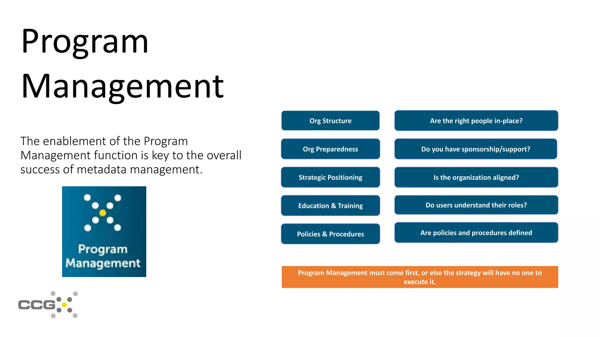 Org Structure
Strategic Positioning
Education & Training
Org Preparedness
Policies & Procedures
Are the right people in-place?
Is the organization aligned?
Do users understand their roles?
Do you have sponsorship/support?
Are policies and procedures defined
Program Management must come first, or else the strategy will have no one to
execute it.
The enablement of the Program
Management function is key to the overall
success of metadata management.
Program
Management
 