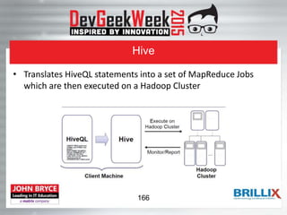 Hive
• Translates HiveQL statements into a set of MapReduce Jobs
which are then executed on a Hadoop Cluster
166
 