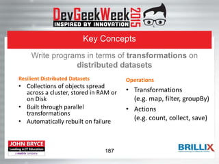 Key Concepts
Resilient Distributed Datasets
• Collections of objects spread
across a cluster, stored in RAM or
on Disk
• Built through parallel
transformations
• Automatically rebuilt on failure
Operations
• Transformations
(e.g. map, filter, groupBy)
• Actions
(e.g. count, collect, save)
Write programs in terms of transformations on
distributed datasets
187
 