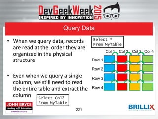 Query Data
• When we query data, records
are read at the order they are
organized in the physical
structure
• Even when we query a single
column, we still need to read
the entire table and extract the
column
Row 1
Row 2
Row 3
Row 4
Col 1 Col 2 Col 3 Col 4
Select Col2
From MyTable
Select *
From MyTable
221
 