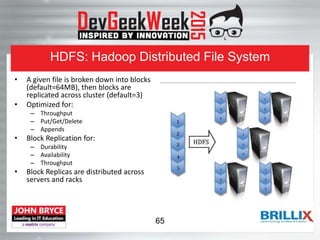 HDFS: Hadoop Distributed File System
• A given file is broken down into blocks
(default=64MB), then blocks are
replicated across cluster (default=3)
• Optimized for:
– Throughput
– Put/Get/Delete
– Appends
• Block Replication for:
– Durability
– Availability
– Throughput
• Block Replicas are distributed across
servers and racks
65
 