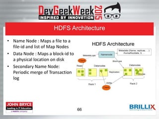 HDFS Architecture
• Name Node : Maps a file to a
file-id and list of Map Nodes
• Data Node : Maps a block-id to
a physical location on disk
• Secondary Name Node:
Periodic merge of Transaction
log
66
 