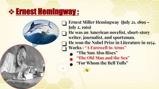 ❏ Ernest Miller Hemingway (July 21, 1899 –
July 2, 1961)
❏ He was an American novelist, short-story
writer, journalist, and sportsman.
❏ He won the Nobel Prize in Literature in 1954.
❏ Works : “A Farewell to Arms”
● “The Sun Also Rises”
● “The Old Man and the Sea”
● “For Whom the Bell Tolls”
❖Ernest Hemingway :
 