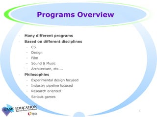 Programs Overview Many different programs Based on different disciplines CS Design Film Sound & Music Architecture, etc.... Philosophies Experimental design focused Industry pipeline focused Research oriented Serious games 