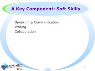 A Key Component: Soft Skills Speaking & Communication  Writing Collaboration 