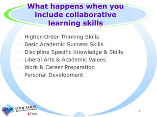 What happens when you include collaborative learning skills Higher-Order Thinking Skills Basic Academic Success Skills Discipline Specific Knowledge & Skills Liberal Arts & Academic Values Work & Career Preparation Personal Development 