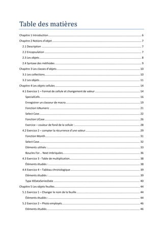 Table des matieres
Chapitre 1 Introduction ........................................................................................................................... 6
Chapitre 2 Notions d’objet ...................................................................................................................... 7
   2.1 Description .................................................................................................................................... 7
   2.2 Encapsulation ................................................................................................................................ 7
   2.3 Les objets ....................................................................................................................................... 8
   2.4 Syntaxe des méthodes .................................................................................................................. 9
Chapitre 3 Les classes d’objets .............................................................................................................. 10
   3.1 Les collections.............................................................................................................................. 10
   3.2 Les objets ..................................................................................................................................... 11
Chapitre 4 Les objets cellules ................................................................................................................ 14
   4.1 Exercice 1 – Format de cellule et changement de valeur ........................................................... 14
       SpecialCells .................................................................................................................................... 16
       Enregistrer un classeur de macro .................................................................................................. 19
       Fonction IsNumeric ....................................................................................................................... 21
       Select Case ..................................................................................................................................... 22
       Fonction UCase .............................................................................................................................. 26
       Exercice – couleur de fond de la cellule : ...................................................................................... 28
   4.2 Exercice 2 – compter la récurrence d’une valeur ........................................................................ 29
       Fonction Month ............................................................................................................................. 31
       Select Case ..................................................................................................................................... 32
       Eléments utilisés : .......................................................................................................................... 33
       Boucles For... Next imbriquées...................................................................................................... 36
   4.3 Exercice 3 - Table de multiplication............................................................................................. 38
       Éléments étudiés : ......................................................................................................................... 38
   4.4 Exercice 4 – Tableau chronologique ............................................................................................ 39
       Eléments étudiés : ......................................................................................................................... 39
       Type XlDataSeriesDate .................................................................................................................. 40
Chapitre 5 Les objets feuilles................................................................................................................. 44
   5.1 Exercice 1 – Changer le nom de la feuille .................................................................................... 44
       Éléments étudiés : ......................................................................................................................... 44
   5.2 Exercice 2 – Photo employés ....................................................................................................... 46
       Eléments étudiés ........................................................................................................................... 46
 