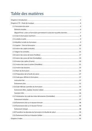 Table des matieres
Chapitre 1 Introduction ........................................................................................................................... 5
Chapitre 2 TP – École de musique ........................................................................................................... 6
   2.1 Formulaire de saisie ...................................................................................................................... 6
       Éléments étudiés ............................................................................................................................. 6
       Objectif final : créer ce formulaire permettant la saisie de nouvelles données. ............................ 7
   2.2 Créer le formulaire UserForm ....................................................................................................... 8
   2.3 La boîte à outils ............................................................................................................................. 9
   2.4 Modifier la taille du formulaire ..................................................................................................... 9
   2.5 Caption - Titre du formulaire ....................................................................................................... 10
   2.6 Insérer des Labels (intitulés)........................................................................................................ 11
   2.7 Aligner les contrôles .................................................................................................................... 15
   2.8 Insérer des zones de texte (TextBox) .......................................................................................... 17
   2.9 Insérer des zones de liste (ComboBox) ....................................................................................... 19
   2.10 Insérer des cadres (Frame) ........................................................................................................ 20
   2.11 Insérer des cases à cocher (CheckBox) ...................................................................................... 21
   2.12 Insérer des boutons ................................................................................................................... 23
   2.13 Nom du formulaire .................................................................................................................... 26
   2.14 Préparation de la feuille de calcul ............................................................................................. 27
   2.15 Code pour afficher le formulaire ............................................................................................... 27
       Instruction Set ............................................................................................................................... 27
       Événement click............................................................................................................................. 31
   2.16 Code VBA des contrôles du formulaire ..................................................................................... 33
       Événement After_Update, fonction IsDate ................................................................................... 34
       Fonction InStr ................................................................................................................................ 36
   2.17 Initialisation du code des listes déroulantes (ComboBox) ........................................................ 37
       Événement Initialize ...................................................................................................................... 37
   2.18 Événement click sur le bouton Annuler .................................................................................... 38
   2.19 Événement click sur le bouton Fermer ..................................................................................... 38
       Événement Unload ........................................................................................................................ 38
   2.20 Transférer les données du formulaire à la feuille de calcul ...................................................... 39
   2.21 Événement Click sur le bouton Valider ..................................................................................... 40
Chapitre 3 Index .................................................................................................................................... 43
 