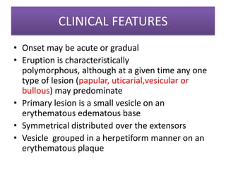 CLINICAL FEATURES
• Onset may be acute or gradual
• Eruption is characteristically
polymorphous, although at a given time any one
type of lesion (papular, uticarial,vesicular or
bullous) may predominate
• Primary lesion is a small vesicle on an
erythematous edematous base
• Symmetrical distributed over the extensors
• Vesicle grouped in a herpetiform manner on an
erythematous plaque
 