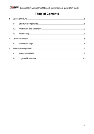 Dahua HD IR Vandal Proof Network Dome Camera Quick Start Guide
iv
Table of Contents
1 Device Structure........................................................................................................................1
1.1 Structure Components.................................................................................................1
1.2 Framework and Dimension.........................................................................................2
1.3 Alarm Setup...................................................................................................................3
2 Device Installation .....................................................................................................................5
2.1 Installation Steps ..........................................................................................................5
3 Network Configuration..............................................................................................................9
3.1 Modify IP Address ........................................................................................................9
3.2 Login WEB Interface..................................................................................................10
 