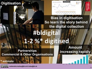 11
mahendra.mahey@bl.uk & labs@bl.uk
#bldigital
1-2 %* digitised
* estimate
Digitisation
Partnerships
Commercial & Other Organisations
Amount
increasing rapidly
Bias in digitisation
So learn the story behind
the digital collection
http://goo.gl/bR9UJL
Sample Generator
 